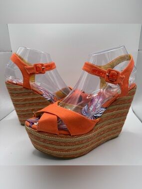 Ed Hardy Espadrille Wedge Sandals Womens Size 8 Orange Tattoo Print Y2K Vintage